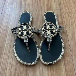 Rare black & gold snake print Tory Burch Miller Sandals. Size 8.5 Womens